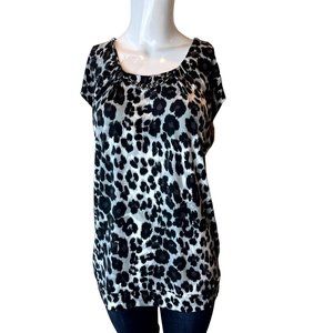 New York & Company Women Blouse Top Leopard Print Chain Neckline Black White M